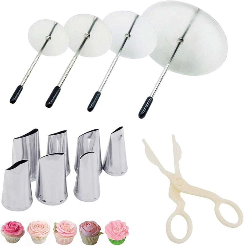 Cake Decorating Tool Kit, 7Pcs Stainless Steel Icing Piping Nozzle Tips, 4Pcs Cake Flower Nail and 1 Flower Lifters for Cake Fondant Cupcake