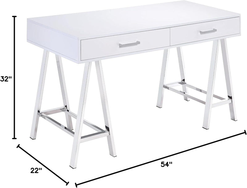 Desk in White High Gloss Chrome for Office Study Bedroom Modern Contemporary Rectangular Wood Finish Drawers