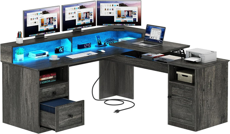 DWVO L Shaped Desk with Drawers, 60” Corner Computer Desk with Power Outlets & Lift Top, Home Office Desk with Storage Cabinet & LED Lights, Wood Desk, Height Adjustable Desk, Grey