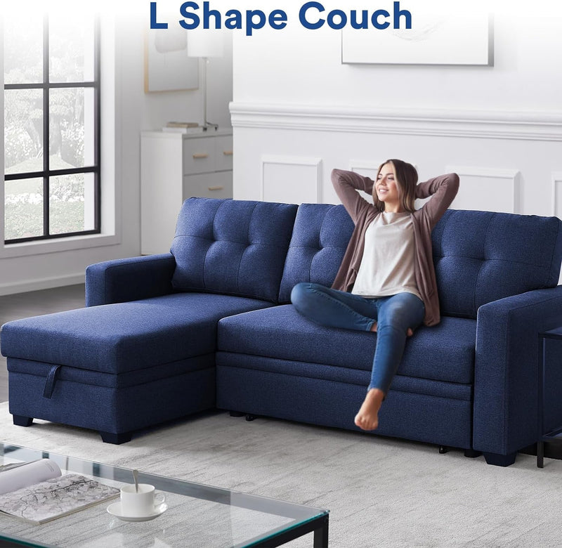 4-In-1 Convertible L Shaped Couch with Pull Out Bed and Storage Sectional Sleeper Sofa with Reversible Chaise for Living Room, Apartment, Bedroom, Office, Blue