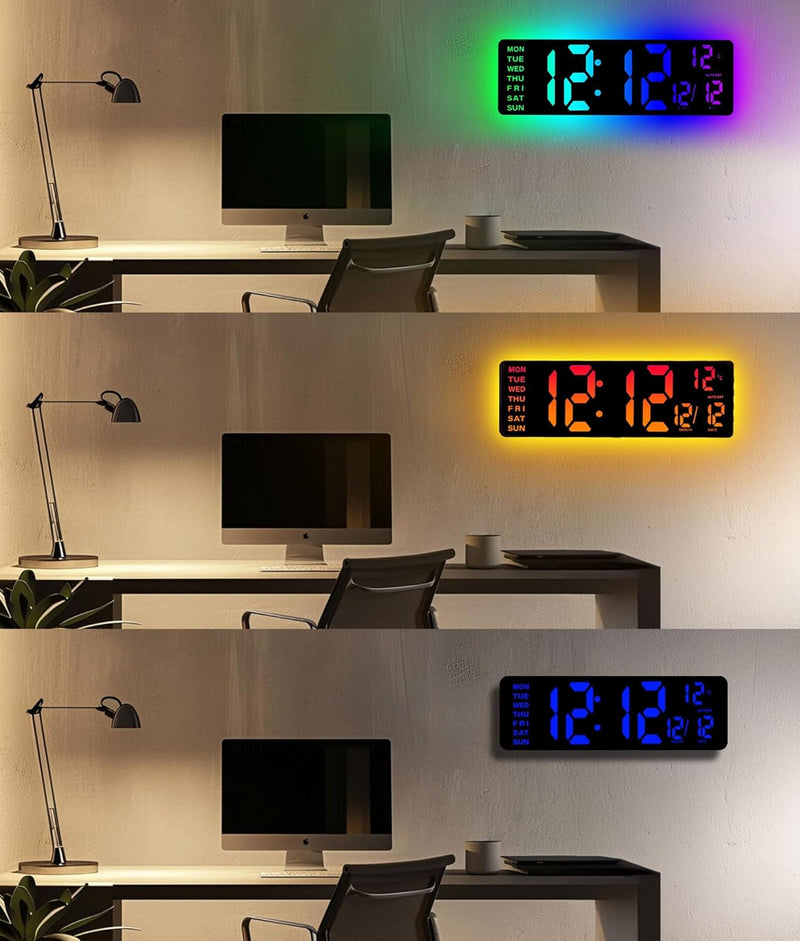 16.5" Large Digital Wall Clock with Remote Control, RGB Atmosphere Lights with 11 Scenes Mode, Dual Alarms with Big LED Display, Auto DST, Temperature for Living Room Gaming