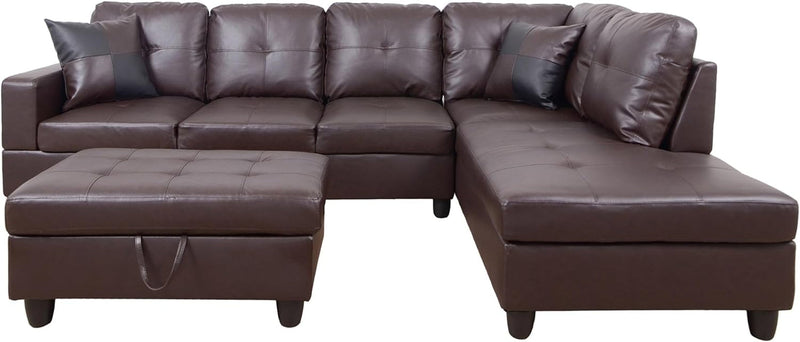 103 Inch L Shape 3 Piece Sectional Sofa Set, Upholstered Corner Couch with Storage Ottoman & Right Chaise Lounge, Faux Leather Tufted Cushions, for Living Room, Apartment, Brown