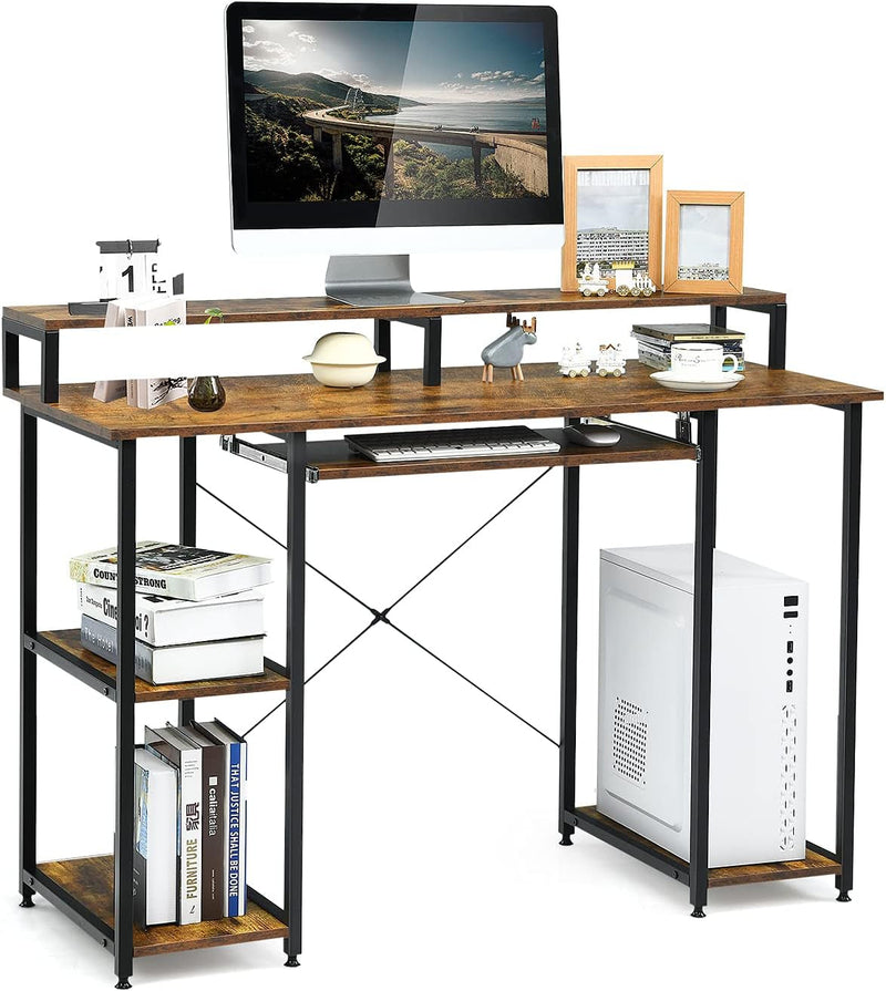 COSTWAY Computer Desk, 47’’ Home Office Table with Hutch, Book Shelves, Pull-Out Keyboard Tray, Monitor Stand, Industrial Writing Laptop Desk, for Workstation, Rustic Brown