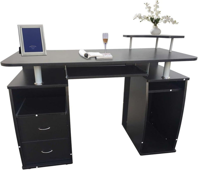 Black Computer Home Office Desk with Drawers, Desk Study Writing Table, Modern Simple PC Desk, Black Writing Home Office Workstation, Office Desk with Drawers