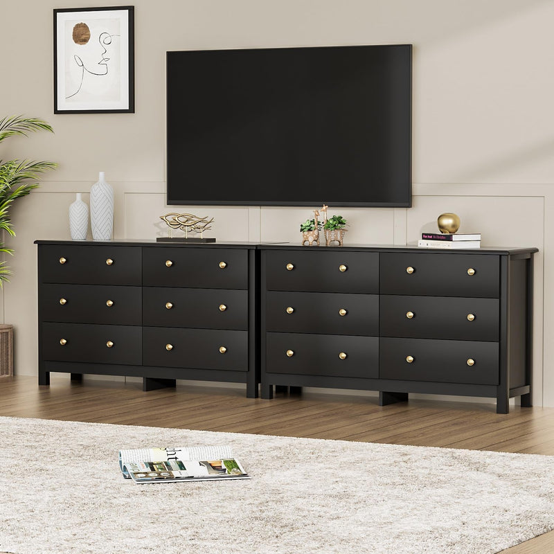 Black Dresser for Bedroom, Modern 6 Drawer Double Dresser for Kids with Gold Pulls, Dressers & Chests of Drawers, 6 Drawer Dressers