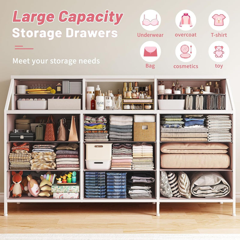 Enhomee 55”W Dresser for Bedroom, Pink Dresser for Girls Bedroom, Dresser with 13 Large Drawer, Dressers & Chests of Drawers, Bedroom Dresser with 2 Shelves, Long Dresser for Closet