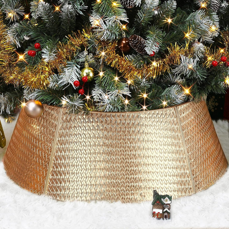 Christmas Tree Collar, 28” Metal Tree Skirt with Woven Pattern, Plating Gold Tree Collar for Real & Artificial Christmas Trees 5-Panel, Xmas Tree Base Cover for Holiday Decor (Shiny Gold)