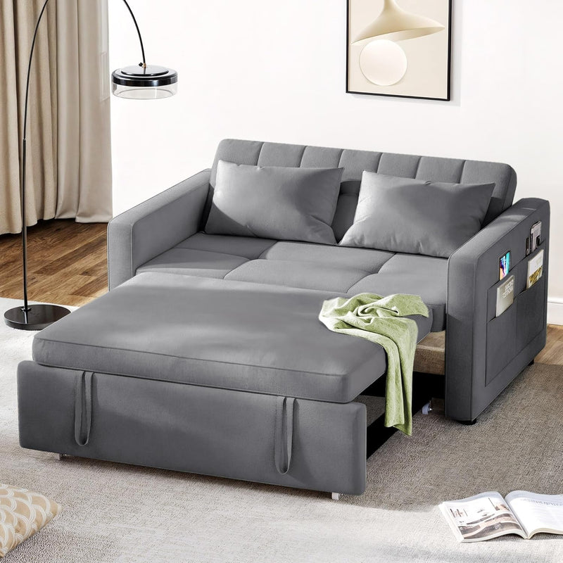 DWVO 55" Cat-Scratch-Proof Fabric Sofa Bed, 3-In-1 Sleeper Sofa with Pull-Out Bed, Convetible Futon Couch with Adjustable Backrest and Side Pocket, Loveseat for Living Room Apartment, Grey, Full Size