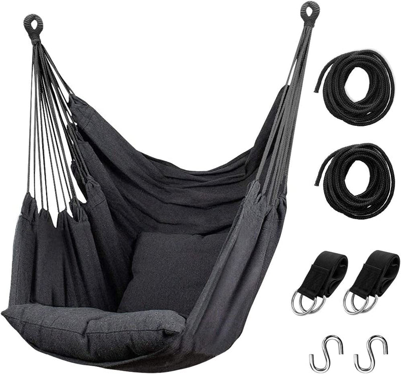 Hammock Chair Hanging Rope Swing, Max 300 Lbs Hanging Chair with Pocket- Quality Cotton Weave for Superior Comfort & Durability Perfect for Outdoor, Home, Bedroom, Patio, Yard (Dark Green)