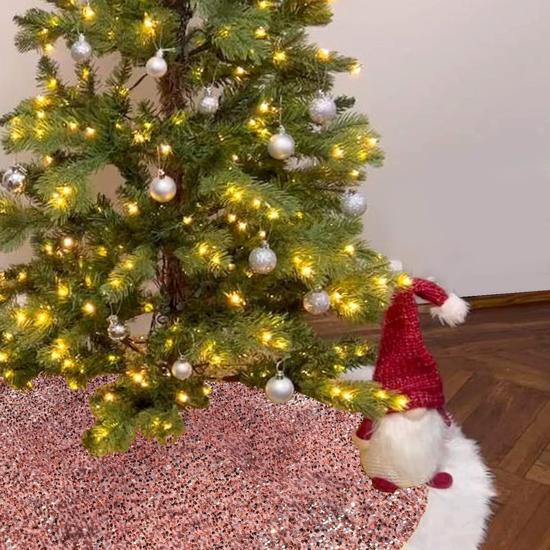 Christmas Tree Skirt 48 Inch Shiny Pink Sequin Sparkly with Faux Fur Plush Tree Mat for 5-7FT Large Xmas Tree Christmas Tree Decorations for Holiday Home Decor Party