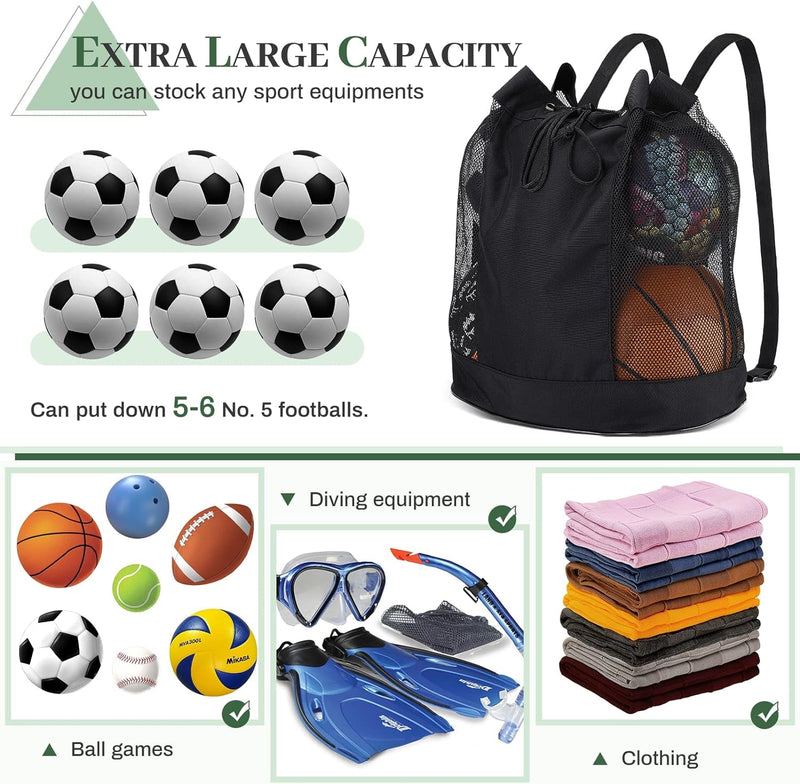 Extra Ball Bag,Large Mesh Equipment Bag Black, Soccer Ball Bag with Adjustable Shoulder Strap,600D Oxford Cloth Mesh Sports Bag for Holding Soccer/Football/Volleyball(Holds 5 Soccer Balls)