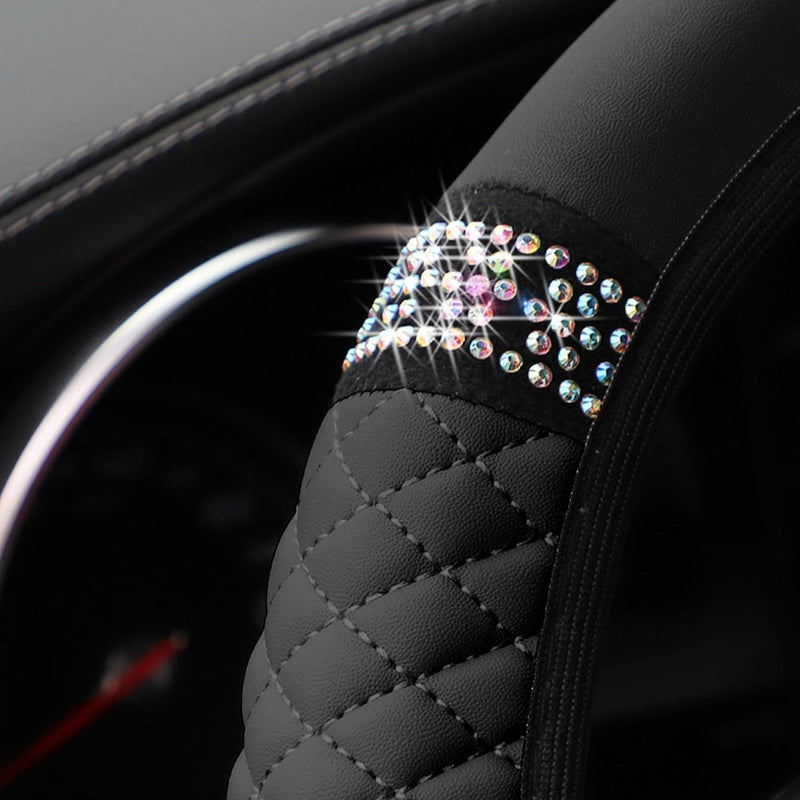 Bling Car Steering Wheel Cover, 15 Inch Rhinestones Soft Leather Elastic Steering Wheel Protector, Sparkly Crystal Diamond for Women Girls, Car Interior Accessories for Most Cars (Black)