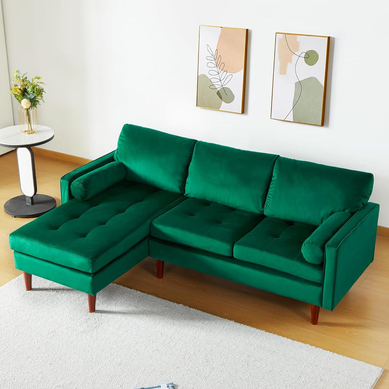 Convertible Sectional Sofa Couch, Upholstered Velvet L Shaped Couch with Chaise, Modern 3 Seat Sectional Couch for Living Room Apartment Small Space (Green)