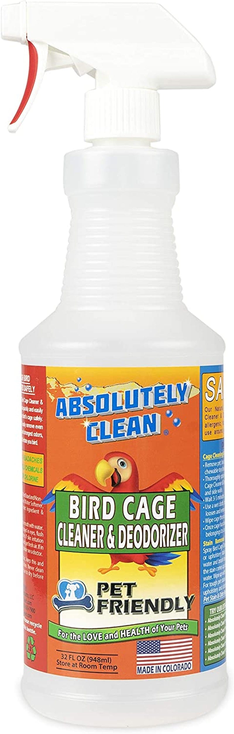 Absolutely Clean Amazing Bird Cage Cleaner and Deodorizer - Just Spray/Wipe - Safely & Easily Removes Bird Messes Quickly and Easily - Made in the US (16 Oz) Animals & Pet Supplies > Pet Supplies > Bird Supplies > Bird Cages & Stands Absolutely Clean 32 oz  