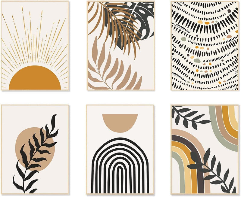 Abstract Boho Wall Art Prints Set of 6, Minimalist Geometric Boho Wall Art Black Brown Beige Line Art Canvas Painting Pictures, Mid-Century Modern Prints Gallery Wall Posters for Bedroom Living Room Bathroom Boho Room Decor(8" X 10", Unframed) Home & Garden > Decor > Artwork > Posters, Prints, & Visual Artwork KBKBART Warm boho-1 8x10 inch-unframed 