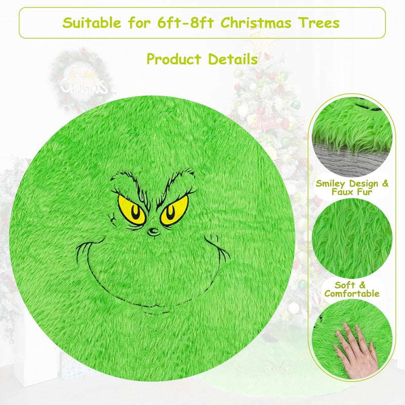 48 Inch Green Christmas Tree Skirt for 6-7 Ft Tree Soft Plush Faux Fur Christmas-Tree-Skirt Funny Velvet Farmhouse Tree Skirt Decorations for Helloween Xmas Holiday Party