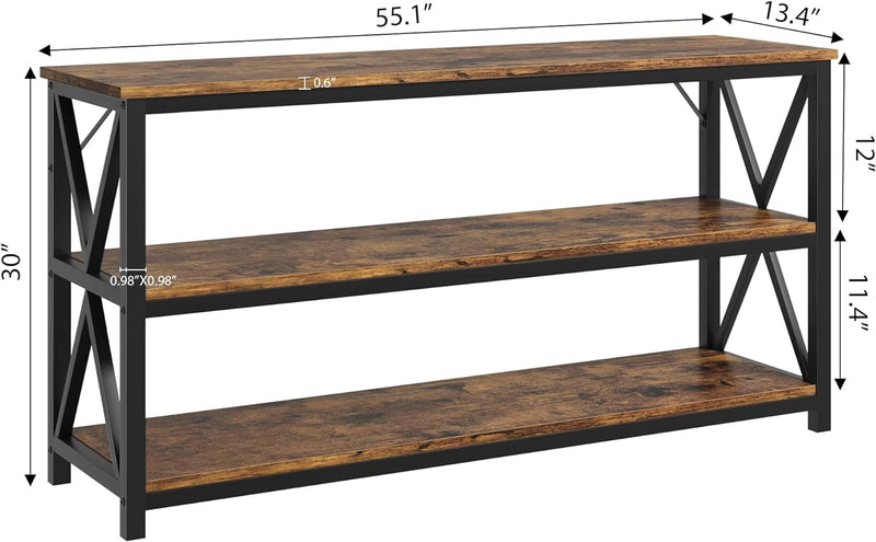 55 Inch Entryway Table, Narrow Long Console Table with Storage, 3 Tier Wood Sofa Table for Living Room, Industrial behind Couch Table, Hallway Table for Foyer, Entryway Furniture-Rustic Brown