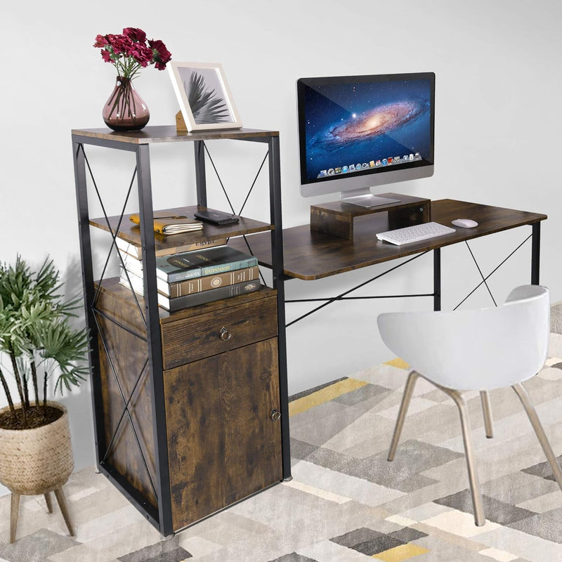 Becko US Computer Desk 63 Inch with Drawer & Storage Shelves, Home Office Desk with Removable Monitor Stand, Writing Gaming Table for Home Office (Rustic Brown)