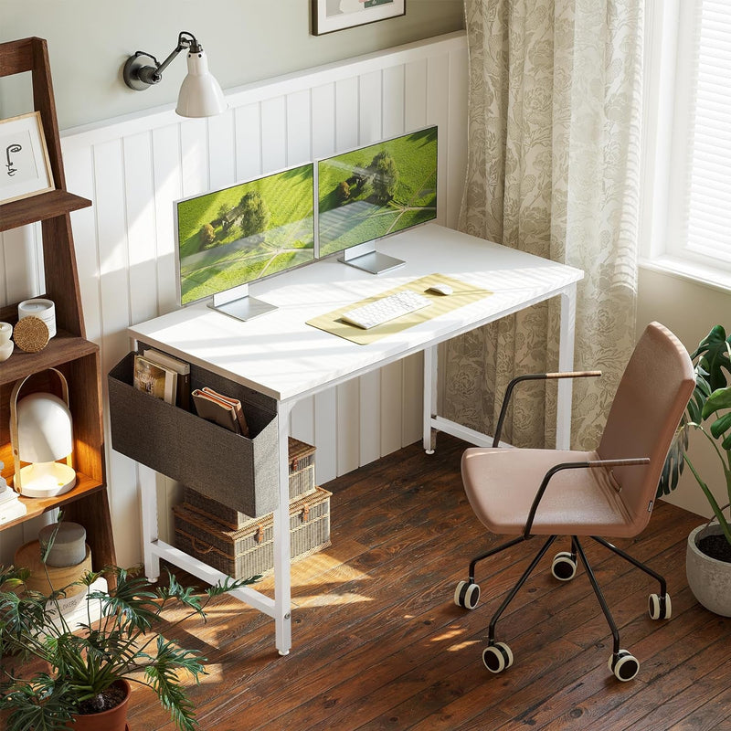 Cubicubi Computer Desk 40" Study Writing Table for Home Office, Modern Simple Style PC Desk, White Metal Frame, White