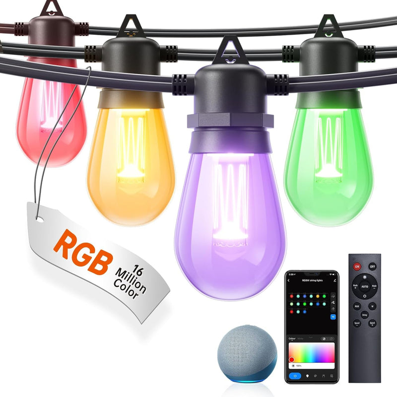 Addlon 48FT Smart RGB Outdoor String Lights with Remote, Dimmable Patio Lights 15 Waterproof Shatterproof LED Bulbs, WIFI Color Changing String Lights Work with Alexa, APP Control, Music Sync for Yard