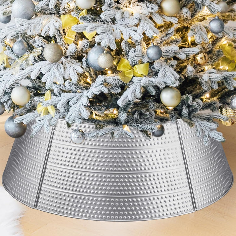 Christmas Tree Collar 28" Metal Gold Christmas Tree Skirt Stand Base Cover for Artificial Trees 5 Panel Hammered Christmas Tree Ring Protection from Pets Xmas Decorations