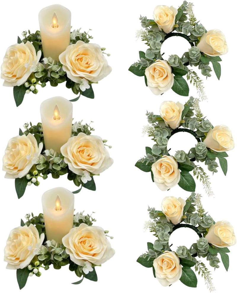 Candle Wreaths Rings 6PCS 7.9 Inch Artificial Rose Floral Candle Rings for Pillars Small Flower Wreath Candle Holder Wedding Centerpieces for Dining Table Decor White, Candle Rings Wreaths