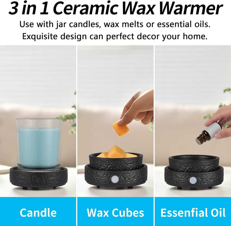 Ceramic Wax Melt Warmer Fragrance, 3 In1 Electric Candle Wax Warmer, Scented Wax Melt Wax Cubes Melter Fragrance Warmer for Home,Office, Birthday Gifts for Women Mom(Black)