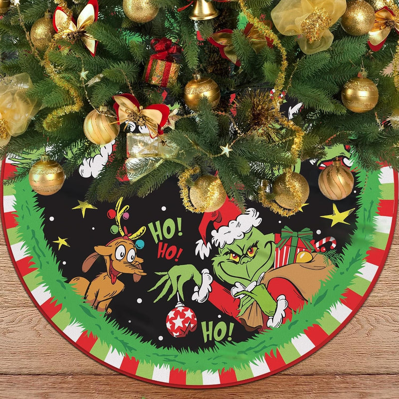 Christmas Tree Skirt 48 Inches, Red and Green Christmas Tree Collar Soft Farmhouse Xmas Tree Skirt with Christmas Monster Design for Holiday Party Decorations