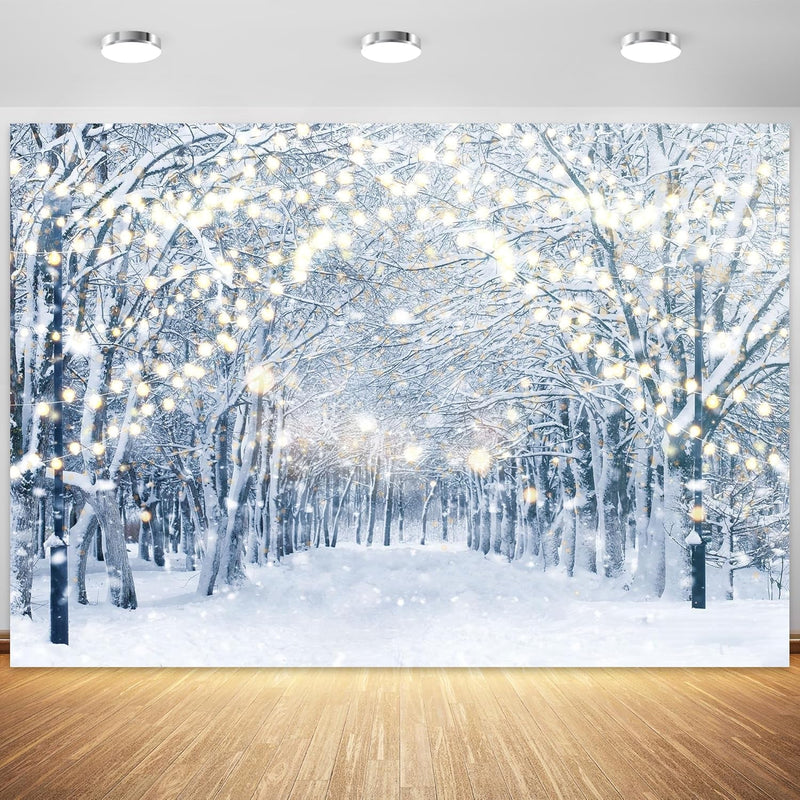 7X5Ft Winter Snowy Scene Photography Backdrop Wonderland Snowflake Tree Snow Background Bokeh Glitter White Snow Forest Landscape Party Photo Booth Studio Props