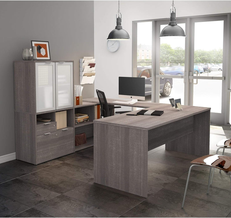 Bestar I3 plus U-Shaped Executive Desk with Frosted Glass Doors Hutch, 72W, Bark Grey