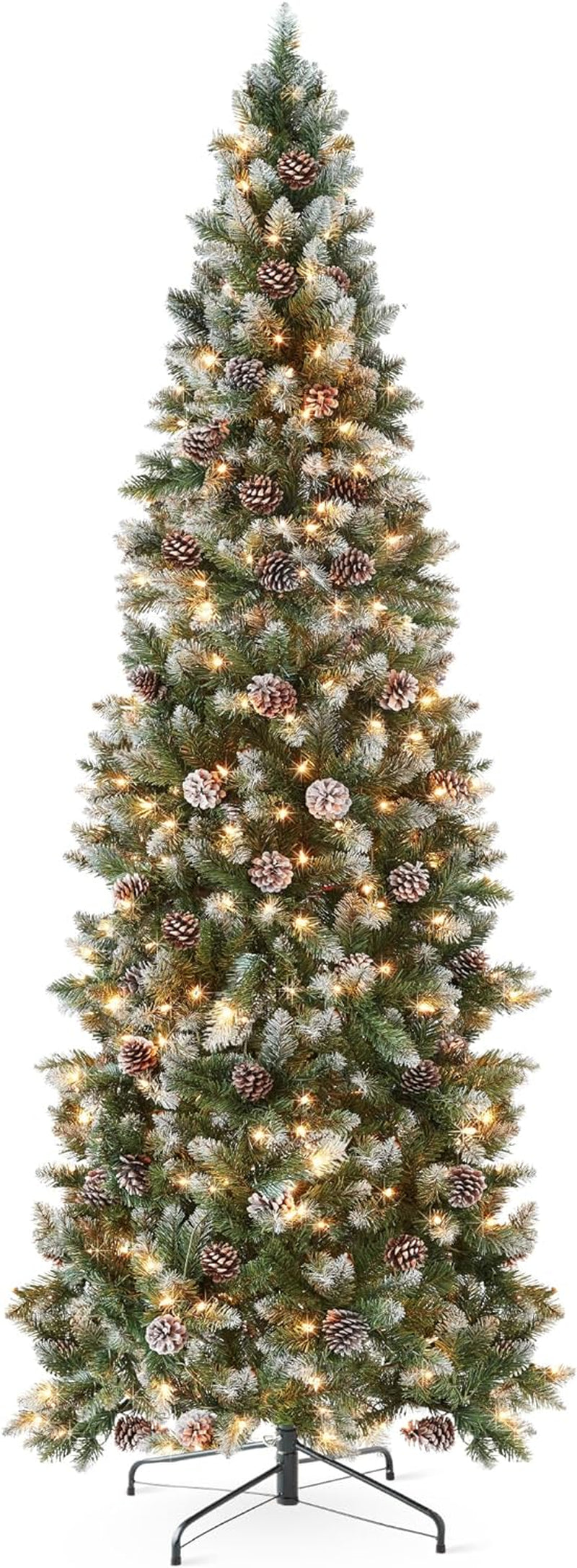 Best Choice Products 6Ft Pre-Lit Pencil Christmas Tree, Partially Flocked & Frosted Slim Holiday Tree Decoration, Skinny Xmas Tree, 250 Lights, 618 Frosted Tips, 50 Pine Cones, Foldable Stand