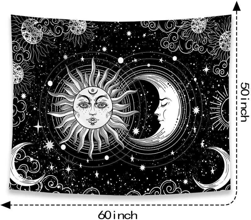 Accnicc Sun and Moon Tapestry Wall Hanging, Black and White Star Tapestry, Burning Sun with Stars Floral Mystic Aesthetic Wall Tapestry for Bedroom Dorm Living Room (Black, 50'' × 60'') Home & Garden > Decor > Artwork > Decorative TapestriesHome & Garden > Decor > Artwork > Decorative Tapestries Accnicc   