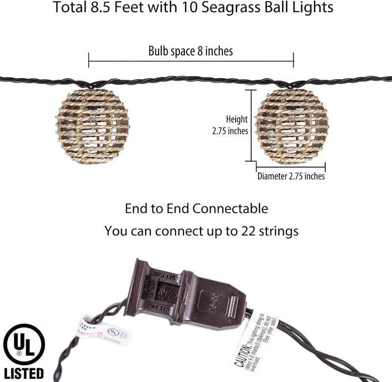 Decorative Lantern String Lights, 10 Mini Bulbs with Seagrass Rattan Wire Ball Style, UL Listed Connectable Weatherproof Indoor Outdoor Patio String Light Plug in for Home Pergola Porch Party Backyard