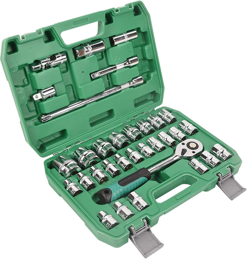 108Pcs 1/2" 1/4" Socket and Drive Tool Set Mechanics Tools Kit Sockets Ratchet Wrench Set Metric Drive Socket Set, 1/2" 1/4" Drive Sizes with Plastic Toolbox