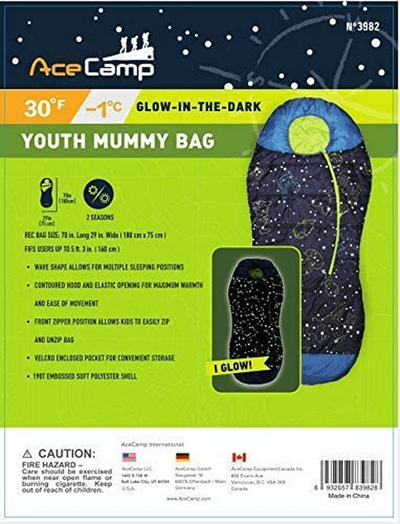 Acecamp Glow in the Dark Mummy Sleeping Bag for Kids and Youth, Temperature Rating 30°F/-1°C, Water-Resistant for Camping, Hiking, and Slumber Party Sporting Goods > Outdoor Recreation > Camping & Hiking > Sleeping Bags AceCamp   