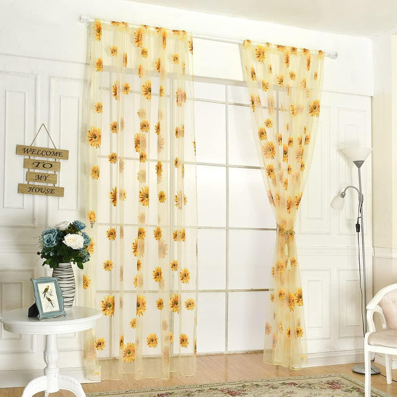 2PCS Sunflower Curtains Yellow Sheer Window Curtains with 2 Curtain Tiebacks Rope for Bedroom Living Room Kitchen Decor, Rod Pocket Window Treatments W39 X L79