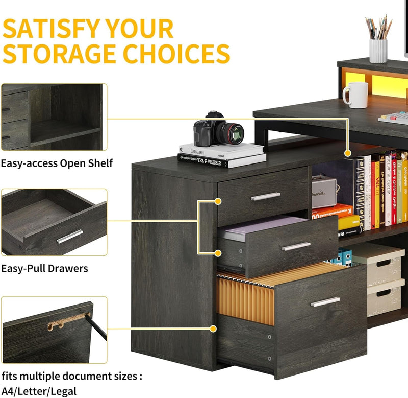 DWVO L Shaped Desk with Drawers, 55" Corner Computer Desk with Power Outlets & LED Lights, Home Office Desk with File Cabinet, Grey