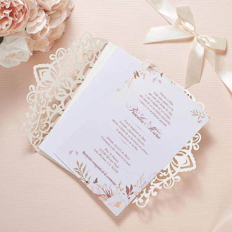 AdasBridal 50Pcs Glitter Floral Laser Cut Wedding Invitation Cards with Envelope Blank Inner Sheet and Ribbon for Wedding Engagement Bridal Shower Party Invite(7.09 X 4.92inch, Gold) Arts & Entertainment > Party & Celebration > Party Supplies > Invitations AdasBridal   