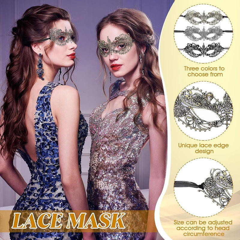 3 Pieces Masquerade Mask for Women, Fancy Dress Masks Lace Face Mask Venetian Masks Mardi Gras Masks, Lace Mask for Ball Party Venetian Masquerade Costume Halloween Masquerade Party