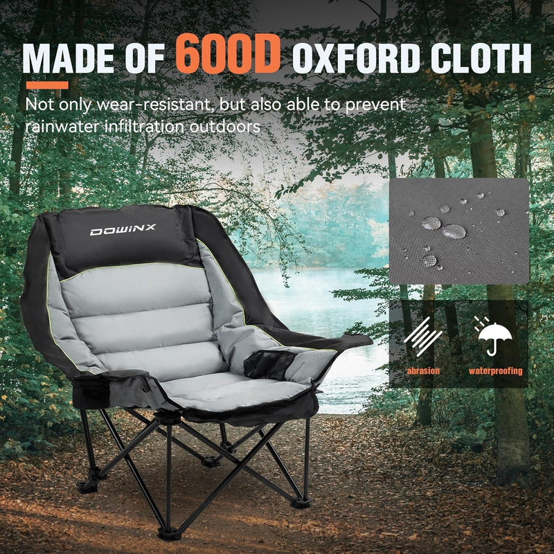 Dowinx Oversized Extra Large Camping Chair for Adults, Lawn Chairs, Folding, 3 Levels Adjustable Padded Camping Chair, Heavy-Duty 600D Oxford Cloth, with Cup Holder, 400 Pound Capacity, Black