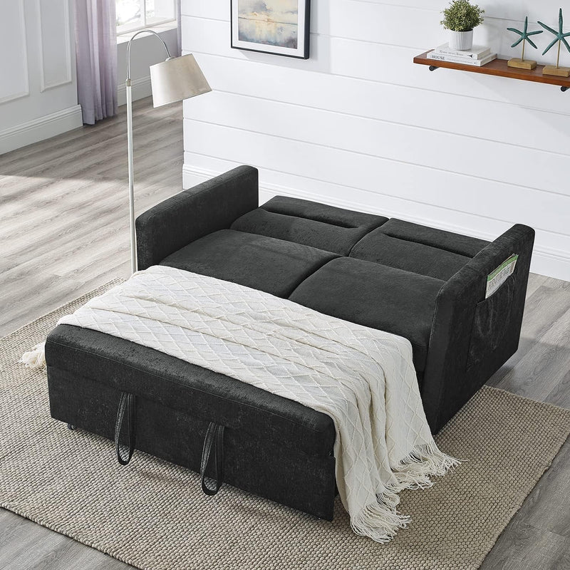 Antetek 3 in 1 Convertible Sleeper Sofa Bed, 54.5-Inch Modern Loveseat Couch with Pull-Out Bed, Small Love Seat Sofa Bed with Reclining Backrest & Side Pocket for Living Room, Black
