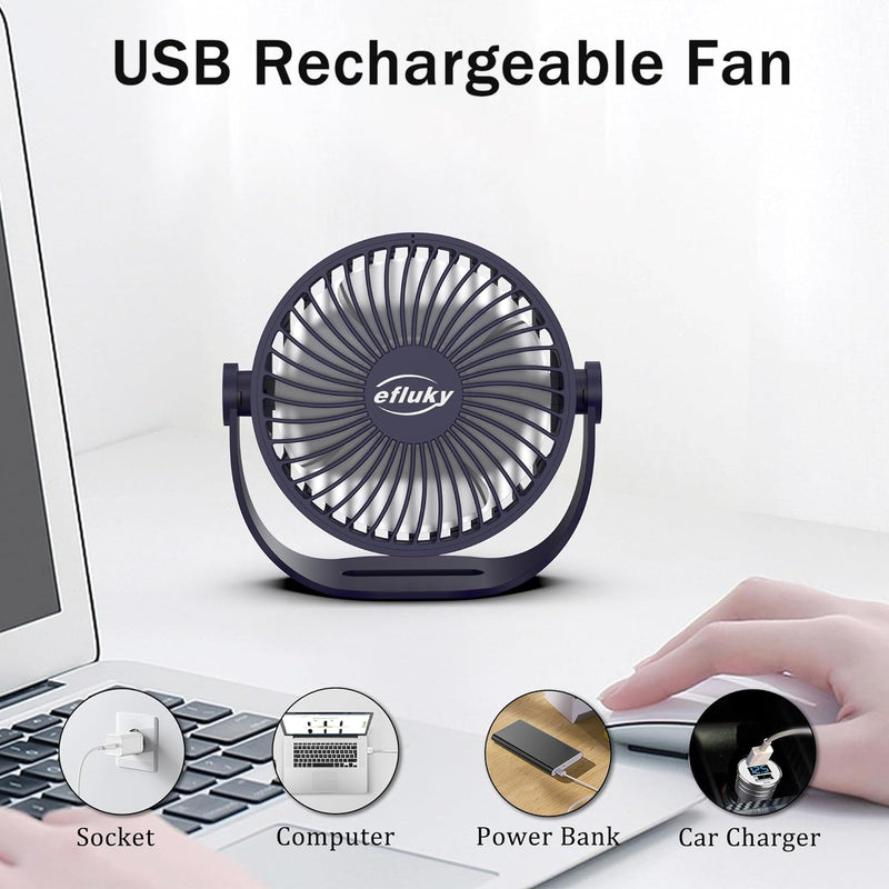 Efluky USB Small Desk Fan, 3 Speeds USB Rechargeable Fan Built-In Battery, 360° Adjustment Portable Mini Fan Suitable for Home, Office and Travel, Blue