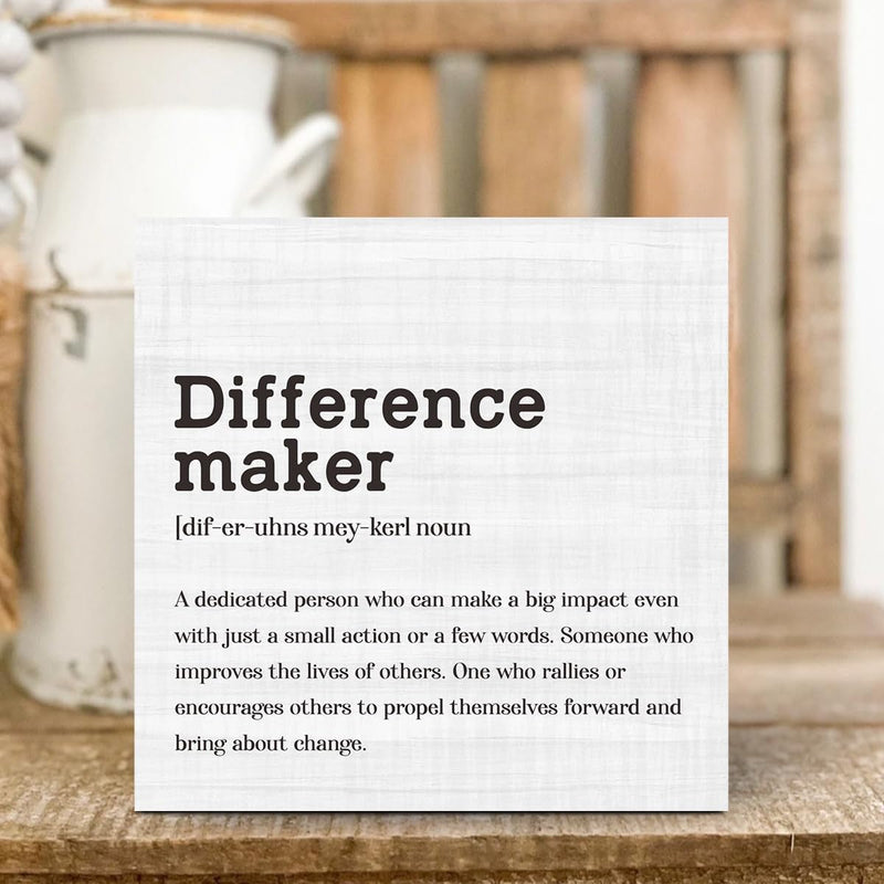 Difference Maker Definition Home Office Decor Wooden Box Sign, Motivational Farmhouse Decorative Positive Office Desk Accessories Wood Plaque Affirmations Wood Table Sign for TV Cabinet Shelf