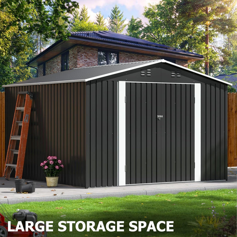 10X10 FT Outdoor Storage Shed, Garden Shed with Updated Frame Structure and Lockable Doors, Metal Tool Sheds for Backyard Garden Patio Lawn, Grey