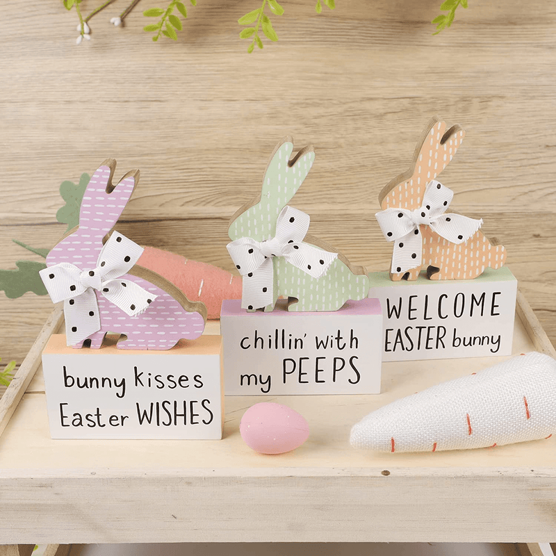 Adroiteet Set of 3 Easter Bunny Table Wooden Signs, Easter Tiered Tray Decor Bunny Figurine Rabbits Blocks, Spring Farmhouse Easter Tabletop Decorations for Table Shelf Kitchen (Easter)