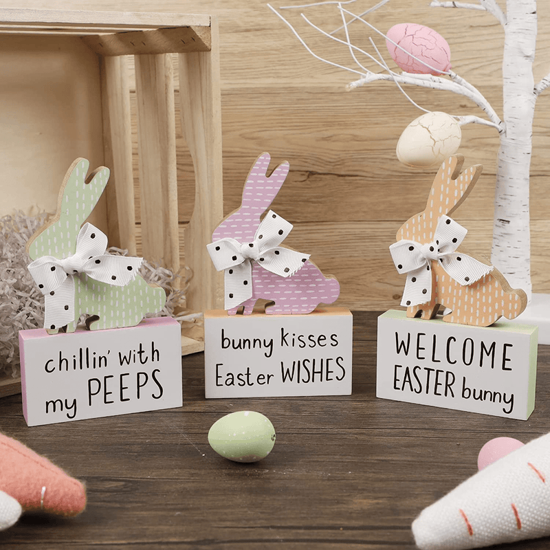 Adroiteet Set of 3 Easter Bunny Table Wooden Signs, Easter Tiered Tray Decor Bunny Figurine Rabbits Blocks, Spring Farmhouse Easter Tabletop Decorations for Table Shelf Kitchen (Easter)