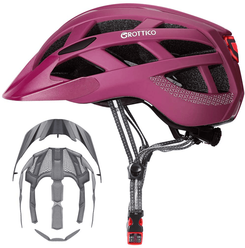 Adult-Men-Women Bike Helmet with Light - Mountain Road Bicycle Helmet with Replacement Pads & Detachable Visor Sporting Goods > Outdoor Recreation > Cycling > Cycling Apparel & Accessories > Bicycle Helmets GROTTICO Matte Magenta M(21.6-22.8 in/55-58cm) 