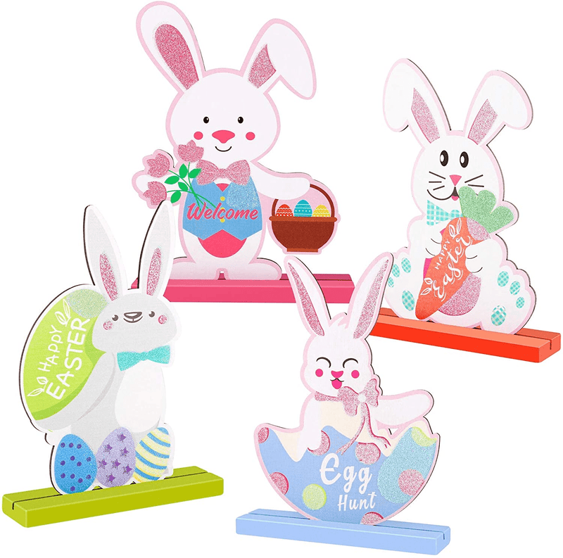 ADXCO 4 Pack Easter Bunny Table Decorations Wooden Bunny Tabletop Centerpieces Decorative Spring Rabbit Decorations for Easter Indoor Outdoor Dinner Party Table Decor Home & Garden > Decor > Seasonal & Holiday Decorations ADXCO   
