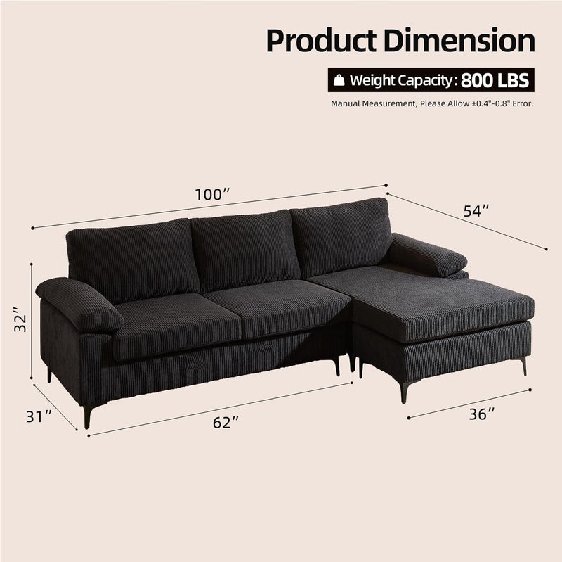 100" Corduroy Convertible Sectional Sofa Couches for Living Room,3 Seater L Shaped Sofa Couch with Reversible Chaise,Comfy Deep Seat Sofa for Office Apartment (Black 1)