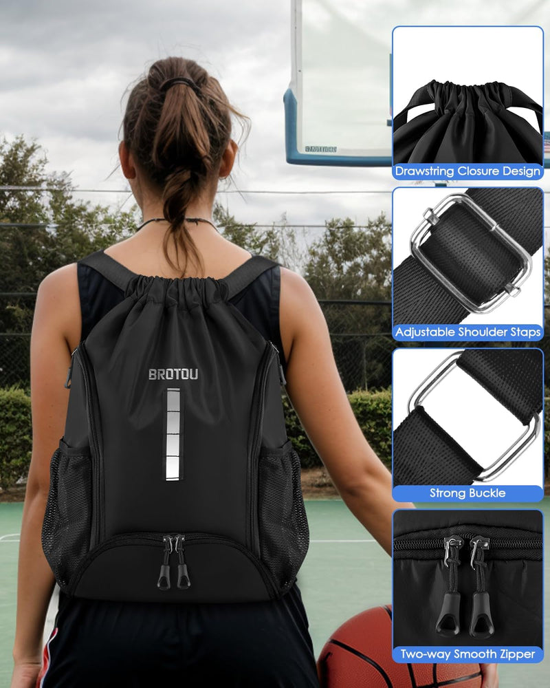 BROTOU Soccer Drawstring Backpack, Basketball Bag, Volleyball Football Bags with Ball and Shoe Compartment